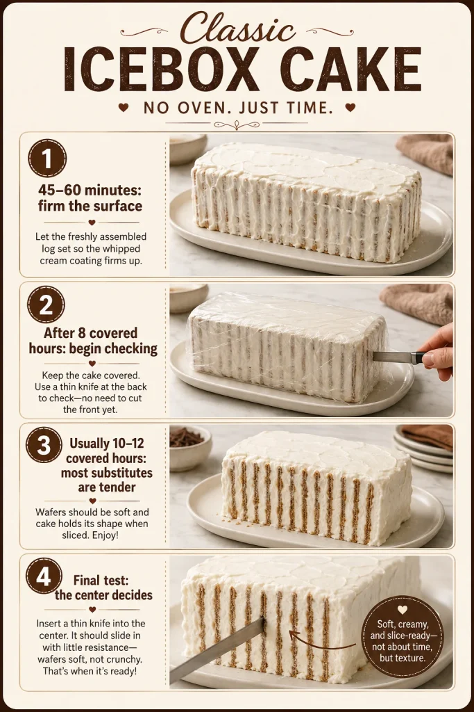 Four-stage icebox cake chilling timeline showing surface firming at 45 to 60 minutes, the first center check after 8 covered hours, typical tenderness at 10 to 12 hours and the final center test.