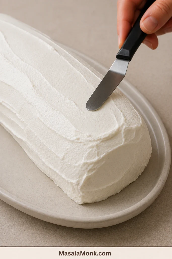 Small offset spatula lightly testing the chilled whipped-cream surface of a coated icebox cake log.