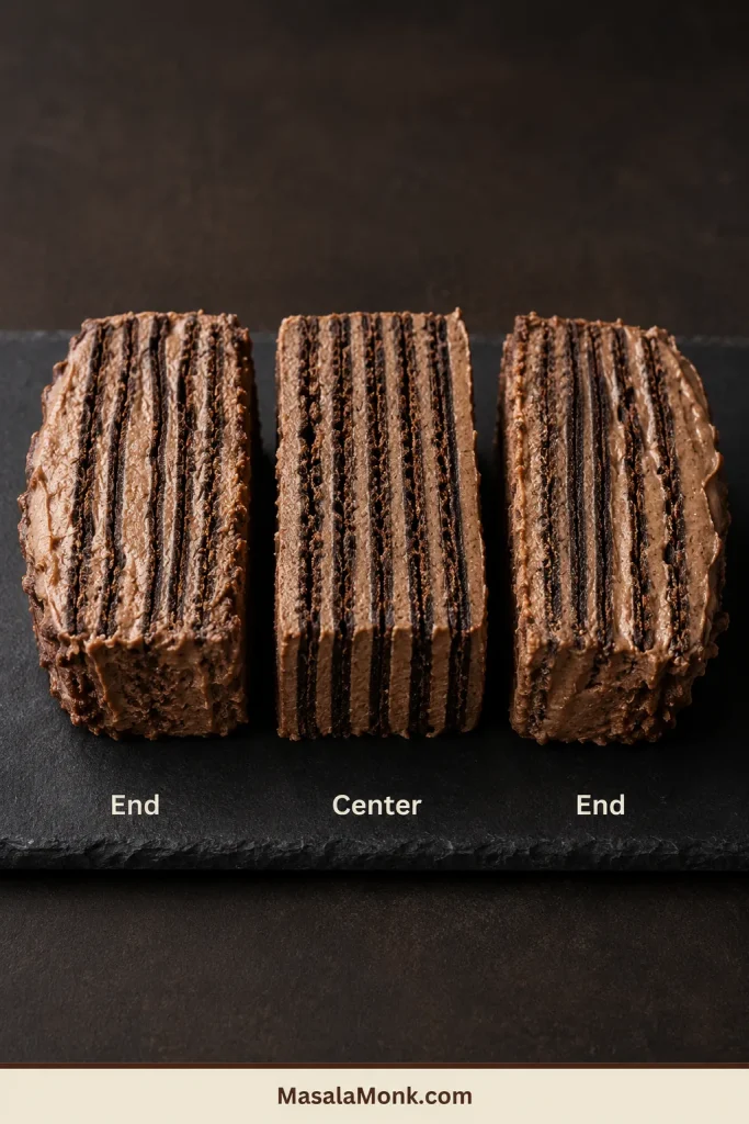 Three icebox cake sections labeled end, center and end, with the center showing firmer chocolate wafer layers than the softer ends.