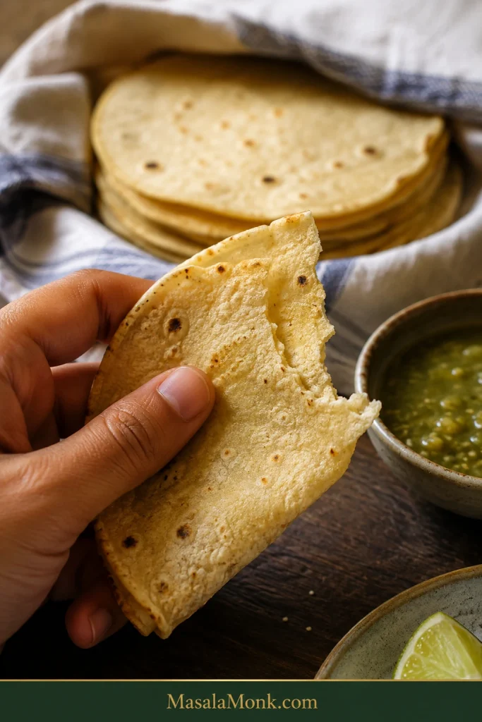 Hand holding a folded, slightly irregular homemade corn tortilla with a torn bite missing, with salsa verde, lime, and a covered tortilla stack nearby.