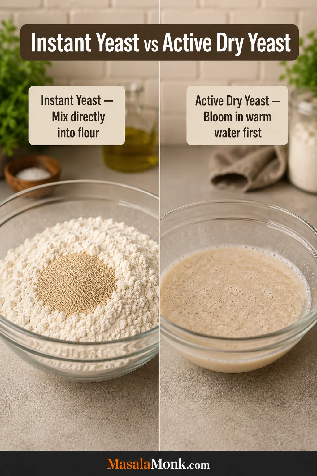 Instant yeast beside dry ingredients compared with active dry yeast dissolving in warm water.