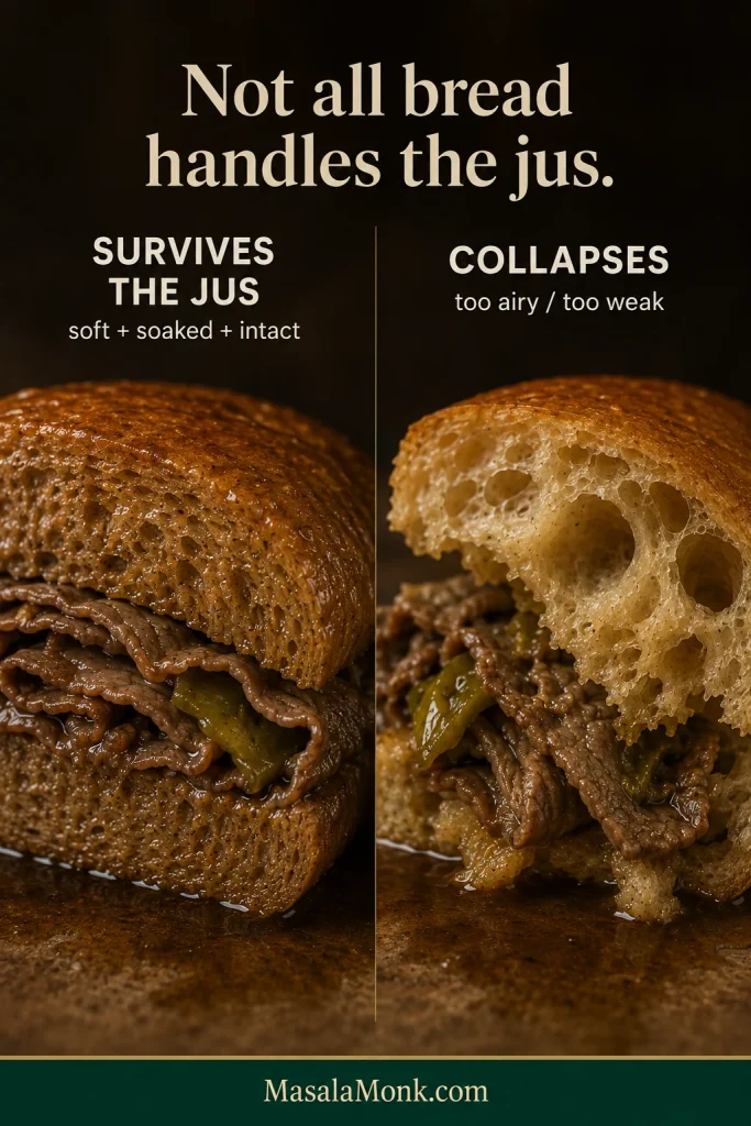 Comparison of a jus-soaked roll staying intact and another bread roll collapsing after absorbing too much liquid.