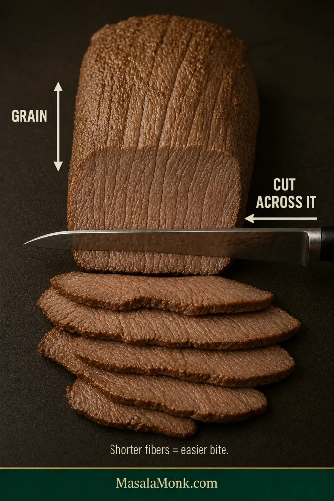 Cooked beef with visible muscle grain and a knife positioned to cut across the fibers.