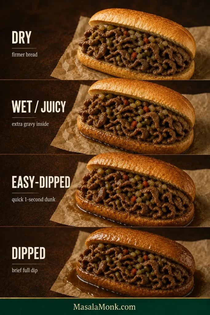Four Italian beef sandwiches labeled dry, wet, easy-dipped and dipped, showing progressively more gravy in the bread.