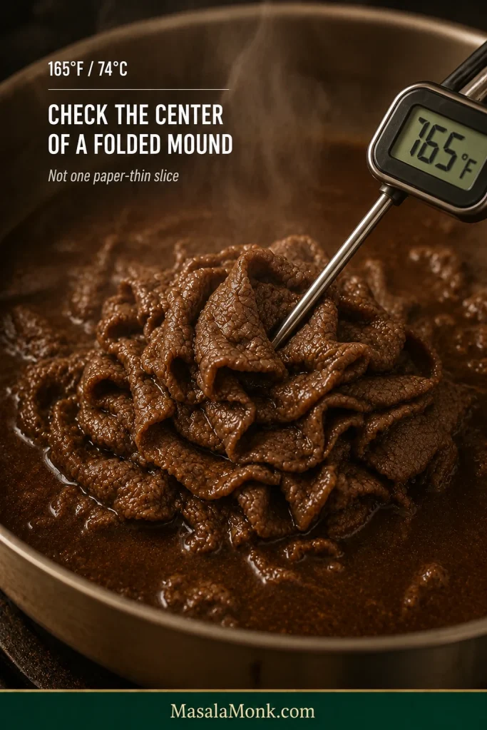 Food thermometer inserted into the center of a small mound made from several folded slices of hot Italian beef.