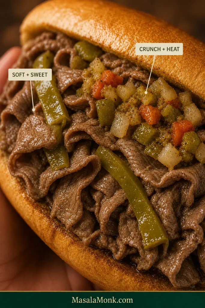 Close-up Italian beef sandwich topped with soft green sweet peppers and chopped hot giardiniera over thin folded beef.