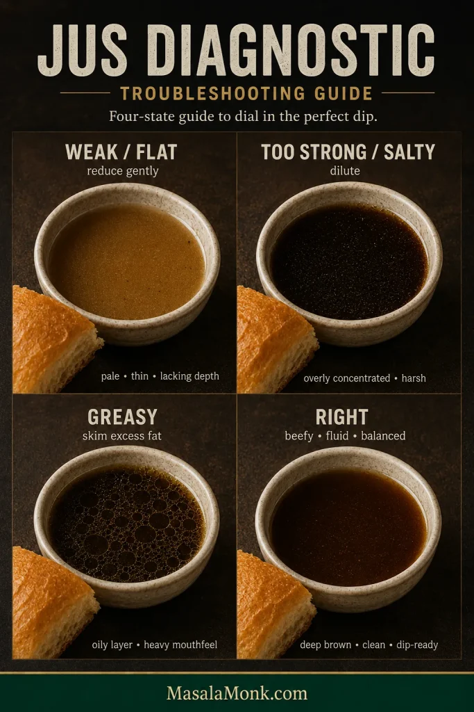 Italian beef jus troubleshooting graphic showing weak, salty, greasy and insufficient jus with different corrective actions.
