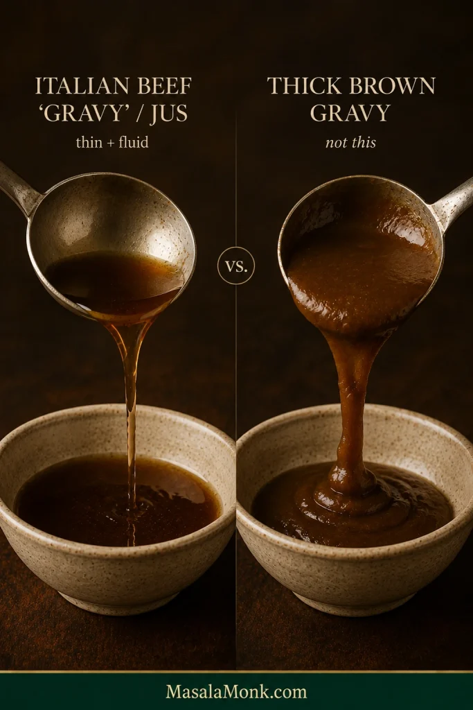 Side-by-side comparison of fluid dark Italian beef jus and thick brown gravy clinging heavily to a spoon.