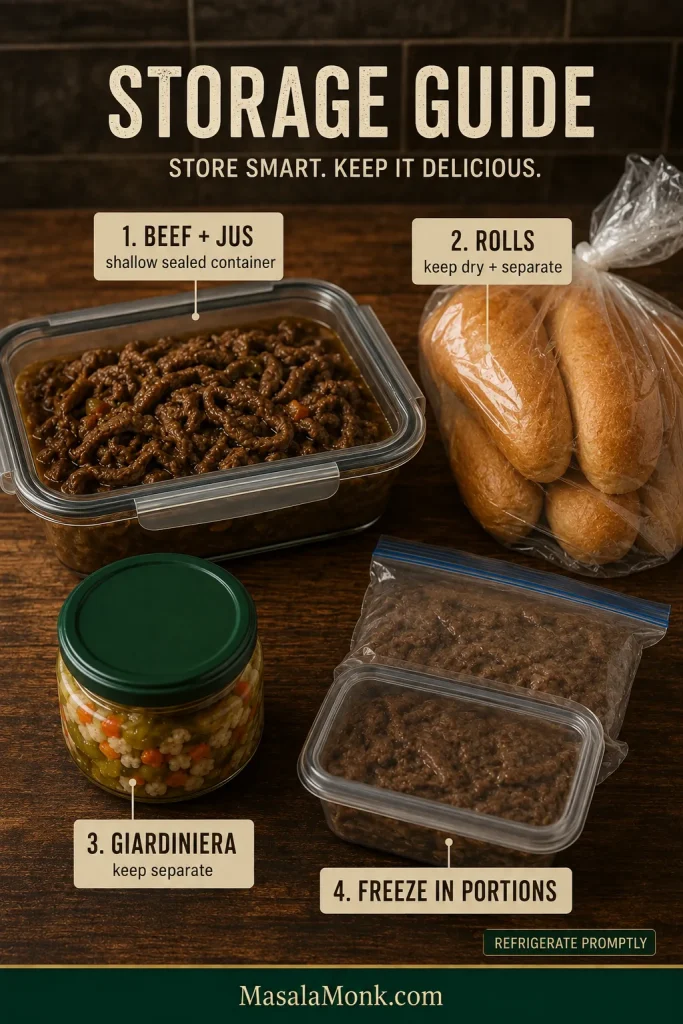 Stored Italian beef and jus divided into containers, with bread, sweet peppers and giardiniera kept separately.