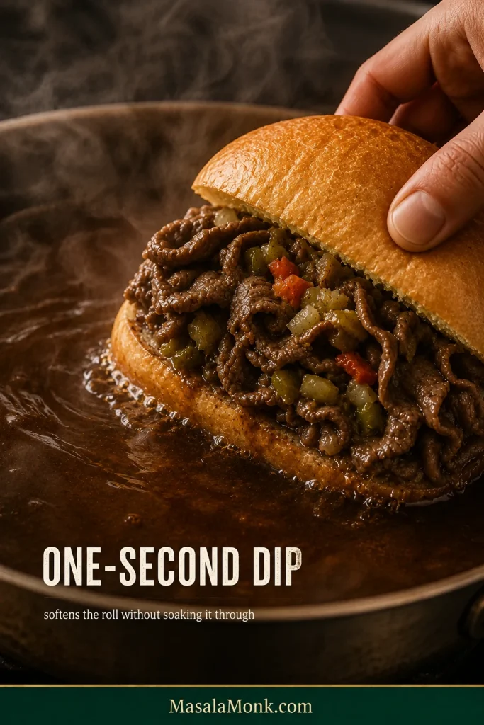 Fully assembled Italian beef sandwich being briefly lowered into a pan of dark beef jus.