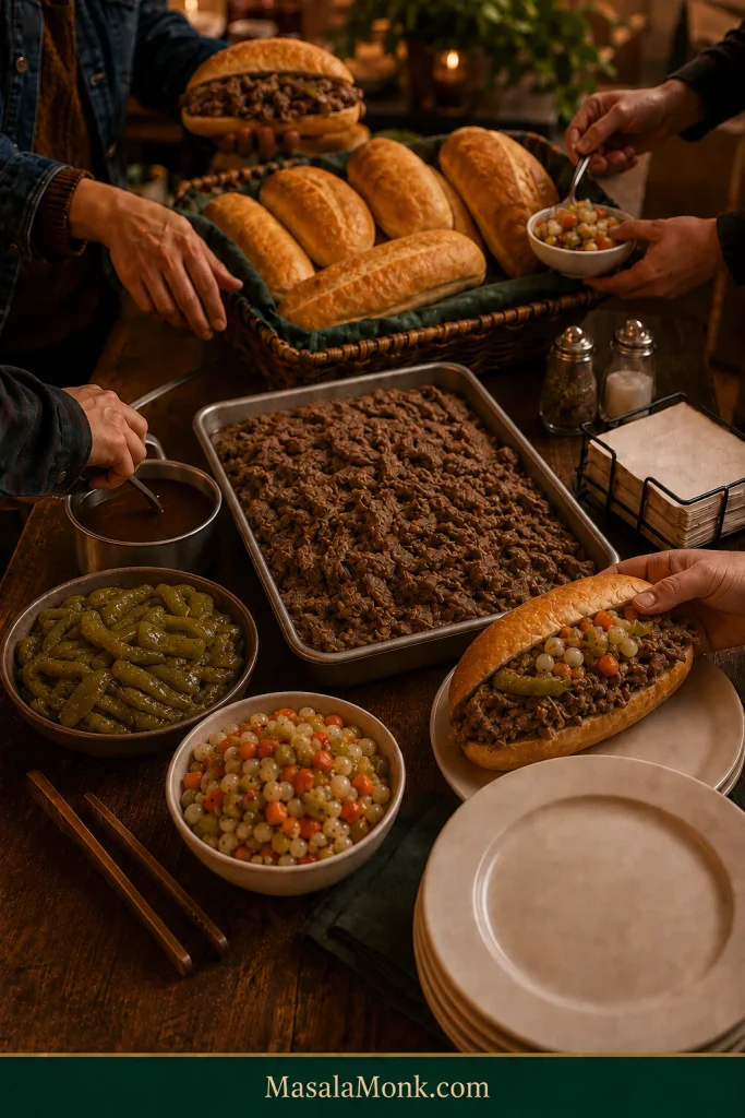 Italian beef party station with sliced beef, separate jus, rolls, sweet peppers and giardiniera while guests assemble sandwiches.
