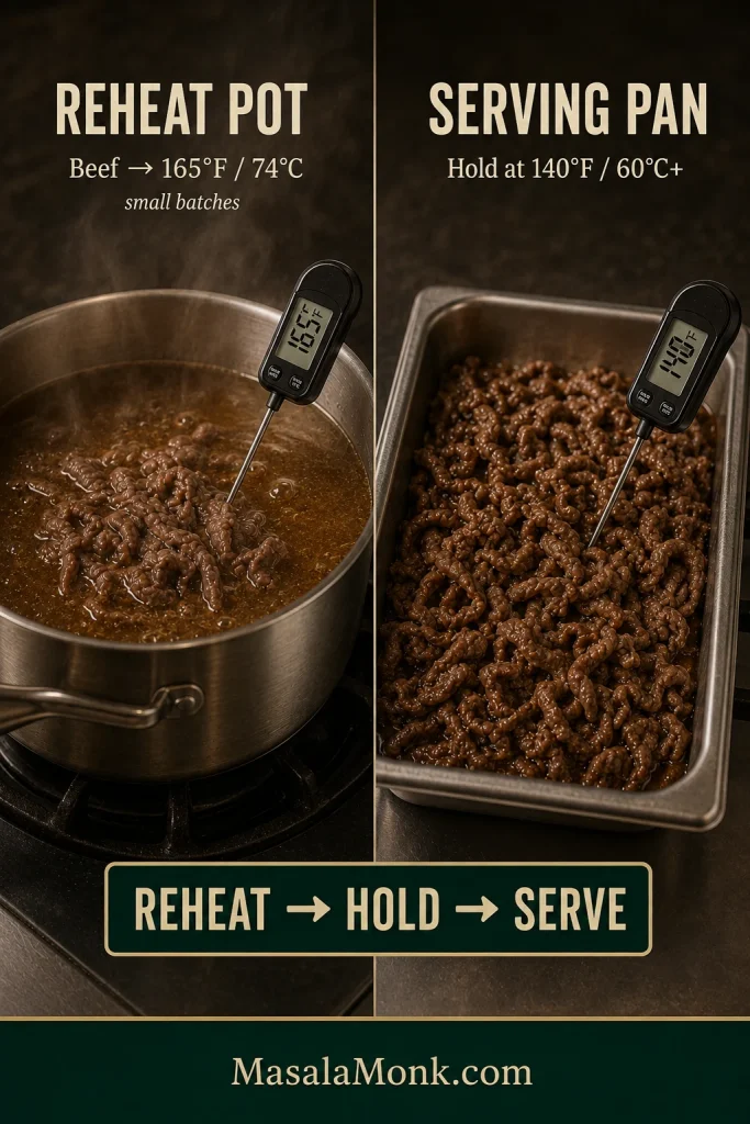 Two-part guide showing cold Italian beef reheated in a jus pot and already-hot beef held separately in a serving pan.