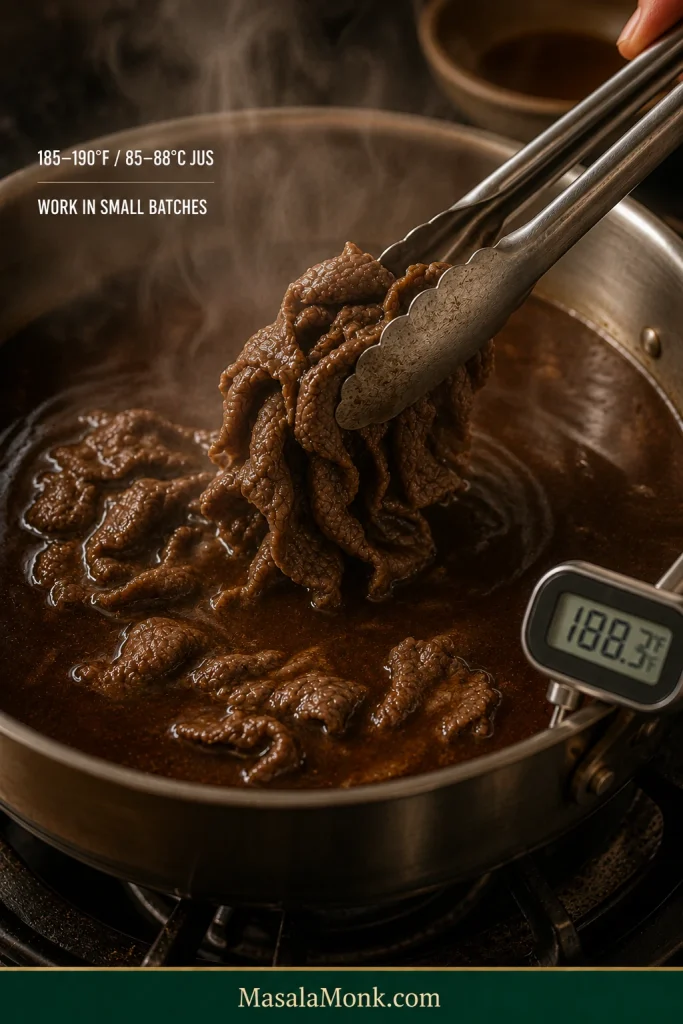 Thin cooked beef slices being loosened with tongs in a steaming pot of dark Italian beef jus.