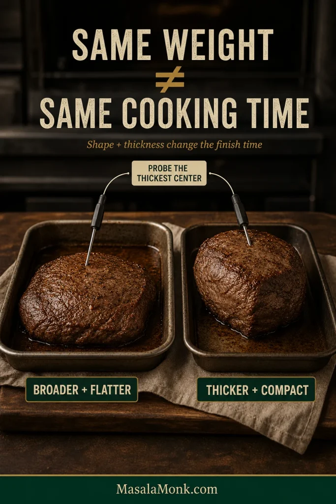 Two equal-weight beef roasts with different shapes and thermometer probes placed in their thickest centers.