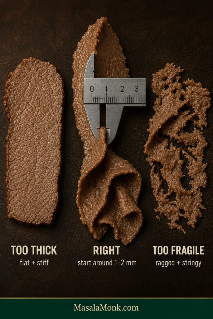 Three cooked beef slices labeled too thick, right and too fragile, with the correct thin slice hanging in soft folds.