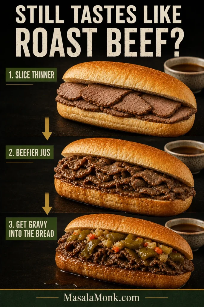 Three-stage guide progressing from thick dry roast beef to thin juicy folds and finally a gravy-soaked Italian beef sandwich with peppers and giardiniera.