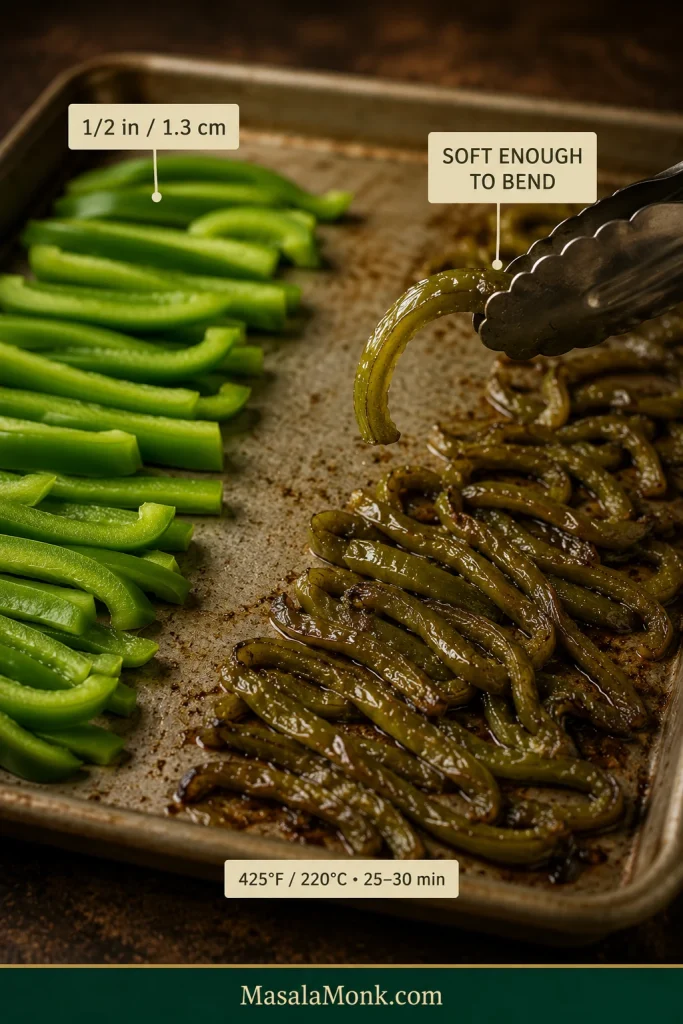 Green bell pepper strips shown raw and after roasting, with the cooked peppers soft, collapsed and flexible.