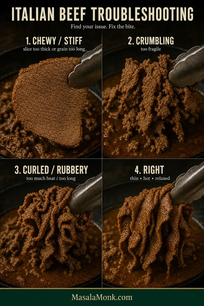 Four-state Italian beef troubleshooting guide showing stiff slices, crumbling beef, tightly curled beef and correct soft folds.