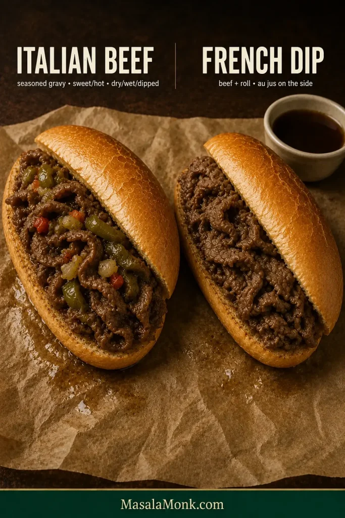 Italian beef and French Dip sandwiches side by side, with peppers and giardiniera on the Italian beef and a separate cup of jus beside the French Dip.