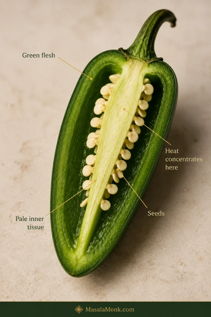 Cut-open green jalapeño labeled to show green flesh, pale inner tissue and seeds, with an annotation pointing to the pale tissue as the area where heat concentrates.