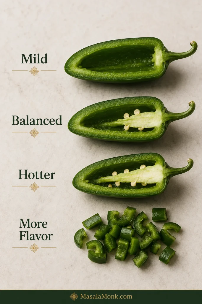 Four-part jalapeño guide showing most inner tissue removed for mild, a little retained for balanced, more retained for hotter, and additional trimmed green flesh for more pepper flavor.