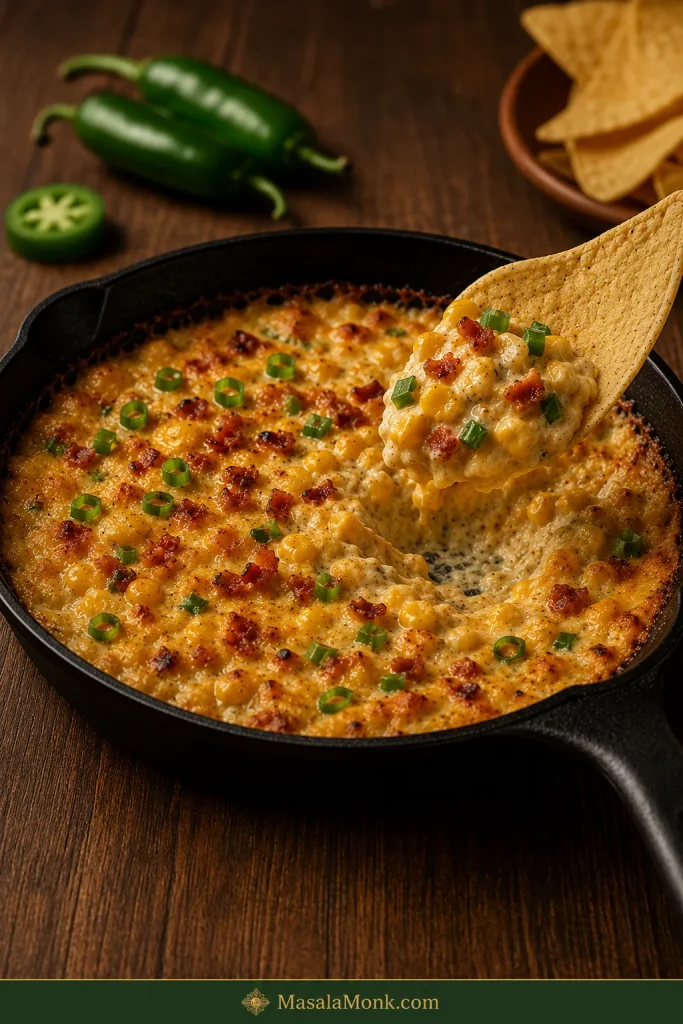 Warm baked jalapeño corn dip in a cast-iron skillet with a large scoop removed and a tortilla chip holding a creamy scoop of corn, bacon and green garnish.