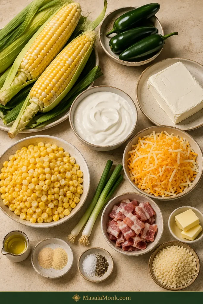 Overhead arrangement of corn, three fresh jalapeños, cream cheese, sour cream, shredded cheeses, raw bacon, scallions, panko, butter, oil and seasonings for jalapeño popper corn dip.