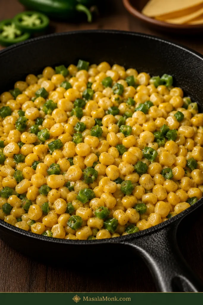 Close-up of sautéed yellow corn and chopped green jalapeño in a cast-iron skillet with a dry pan surface and a few lightly golden kernels.