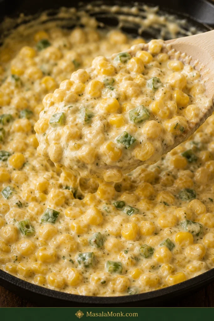Thick creamy corn and jalapeño mixture being lifted with a spatula, with many yellow corn kernels remaining clearly visible throughout.