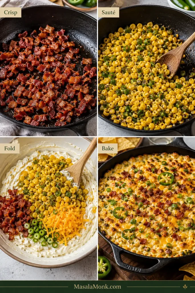 Four-step guide showing bacon crisping, corn and jalapeño sautéing, the corn mixture being folded into a creamy cheese base, and the assembled dip baking.