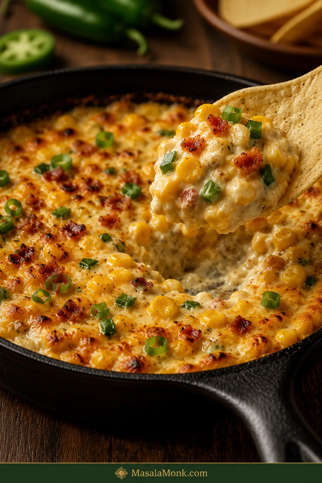Cast-iron skillet filled with creamy baked corn dip, topped with jalapeño, scallion and bacon, with a tortilla chip lifting a scoop containing visible corn kernels.