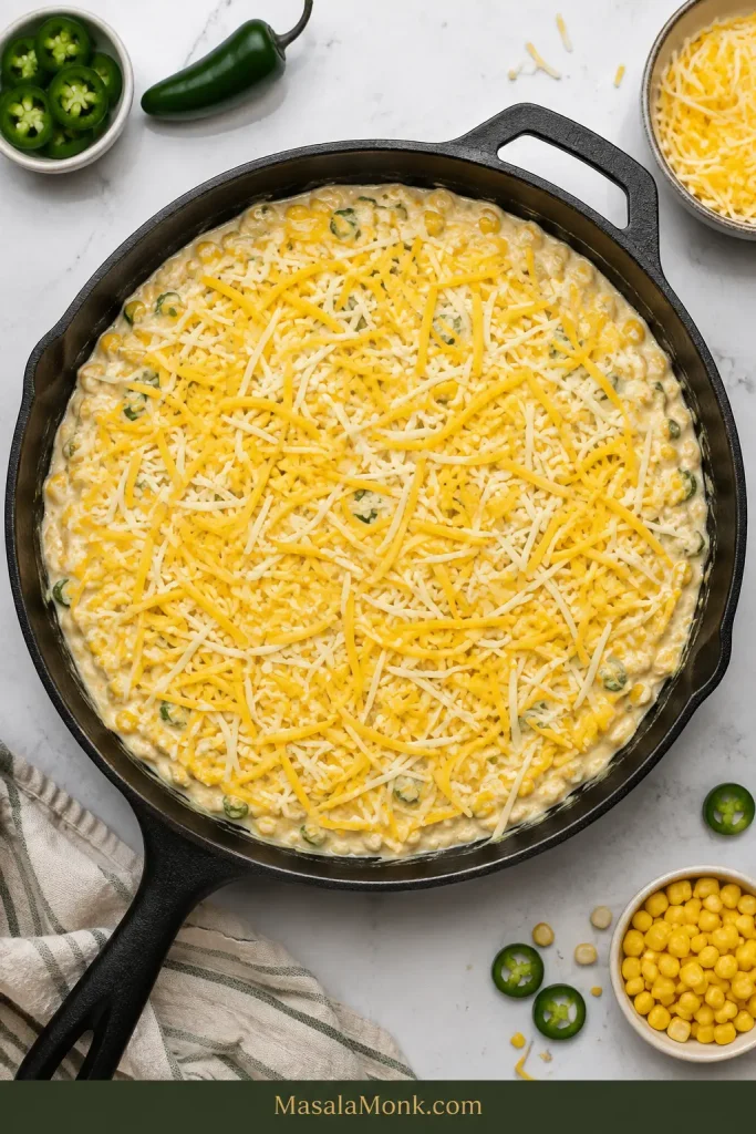 Overhead view of unbaked jalapeño corn dip spread evenly in a baking vessel and topped with shredded cheese.