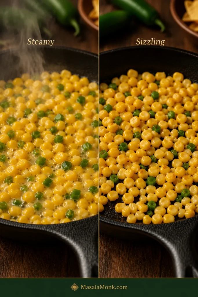 Side-by-side skillet comparison showing wet, steamy corn and jalapeño early in cooking versus a drier sizzling stage with a few golden kernels.