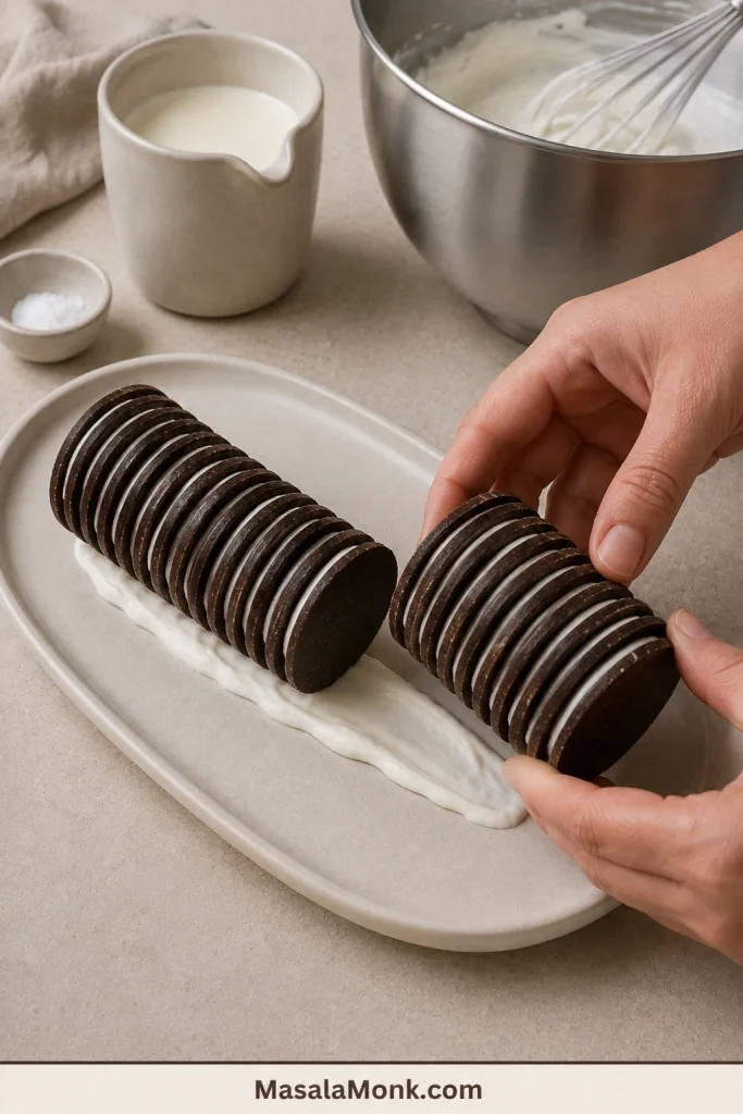 Hands joining two upright stacks of cream-filled chocolate wafers end to end on a whipped-cream anchor.