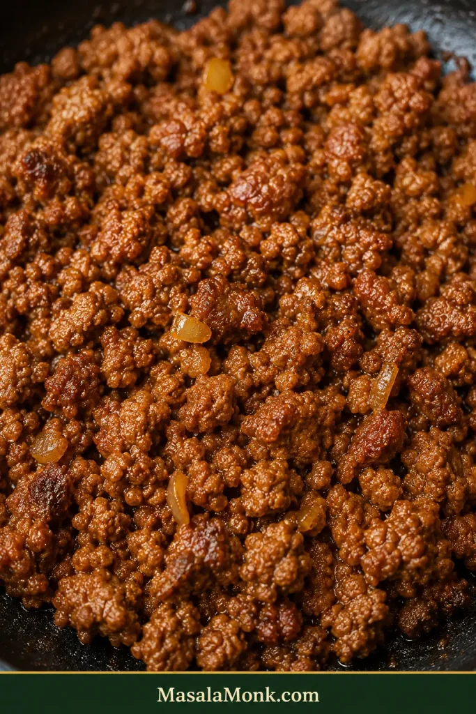 Close-up of finished ground beef taco meat with small browned crumbles, softened onion pieces and a glossy seasoned coating, with no loose liquid pooling underneath.