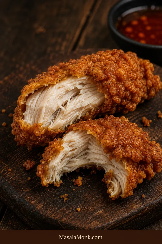 Fried chicken tender broken open to reveal moist white chicken inside a closely attached deep-golden craggy crust.
