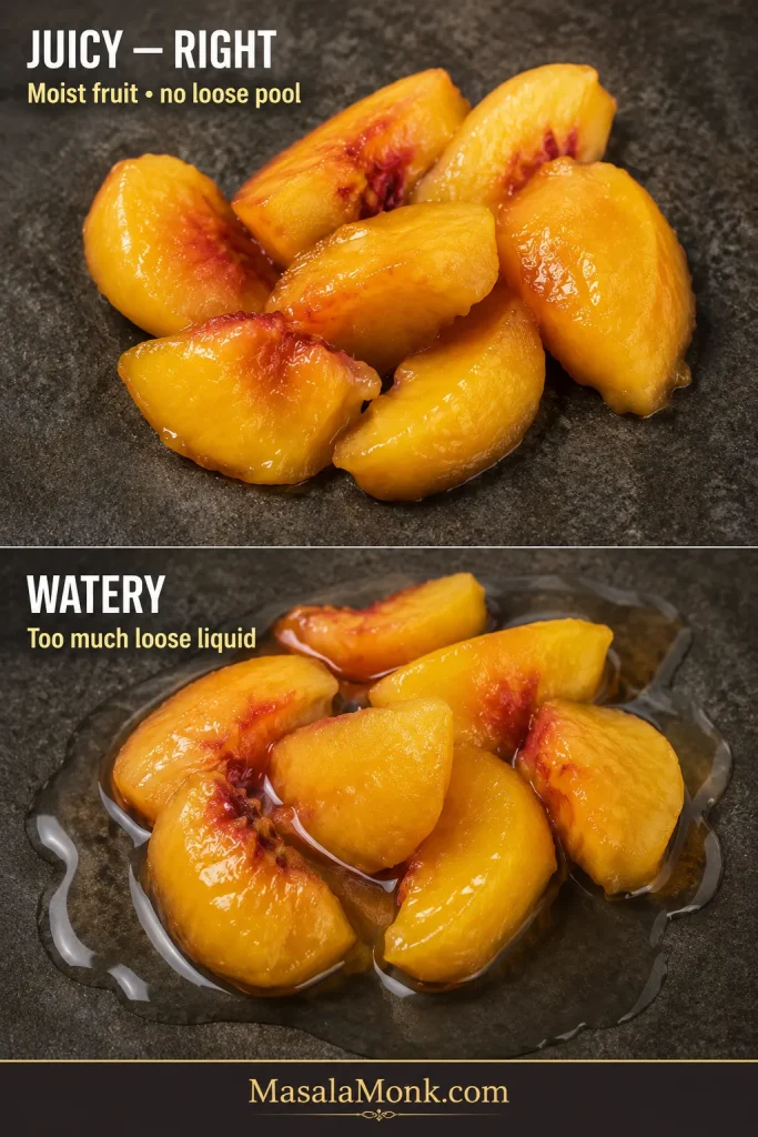 Close comparison of juicy peach slices with a moist sheen but no liquid pooling beside peach slices sitting in visible loose juice.