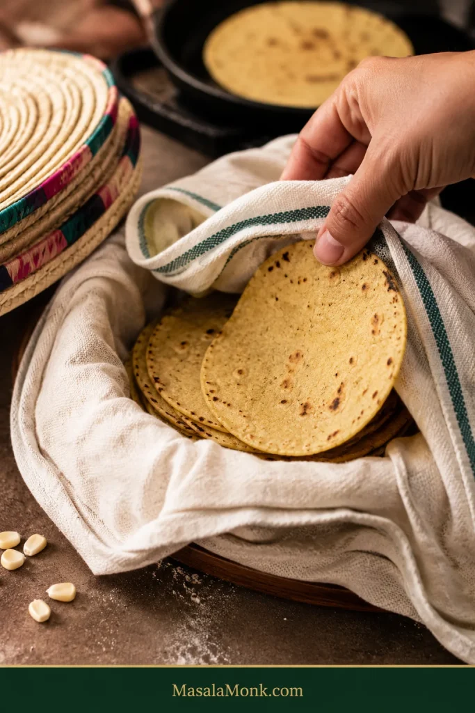 Freshly cooked corn tortillas stacked beneath a folded kitchen towel to retain warmth and steam.