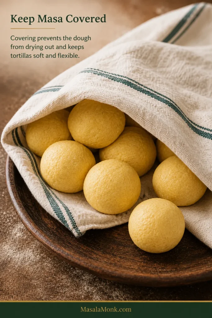 Smooth portioned masa balls for corn tortillas grouped together beneath a clean cloth to keep their surfaces from drying.