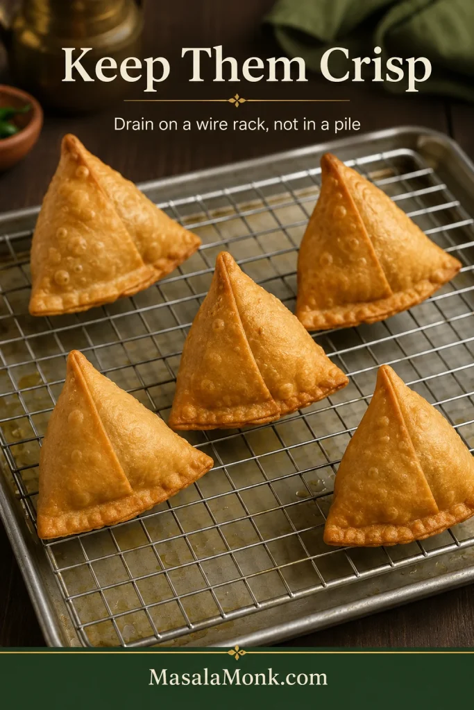 Freshly fried golden Punjabi samosas spaced apart on an elevated wire rack over a metal tray.