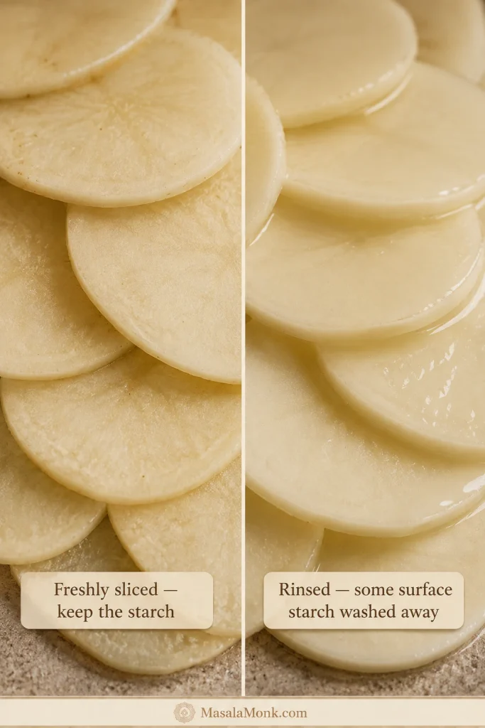 Freshly cut potato slices with a faint cloudy starch film compared with rinsed slices that look cleaner and wetter.