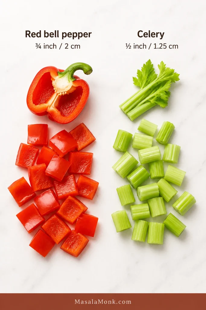 Red bell pepper cut into about 2-centimetre pieces beside celery cut into smaller 1.25-centimetre pieces.