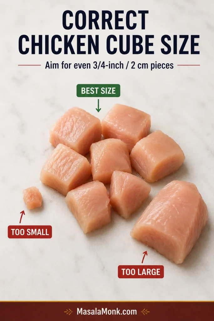 Comparison of too-small, correct and too-large chicken pieces for Kung Pao chicken, with the correct pieces about 2 centimetres.