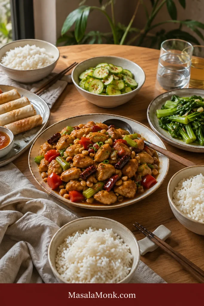 Kung Pao chicken served family-style with steamed rice, cucumber salad, spring rolls and green vegetables.