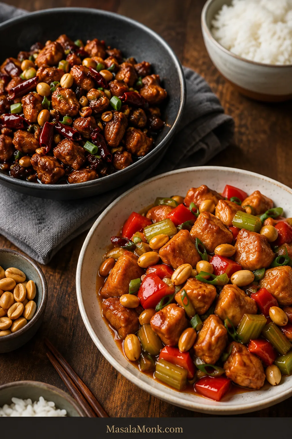 Sichuan Kung Pao chicken with dark glaze beside a saucier takeout-style version with red bell pepper and celery.