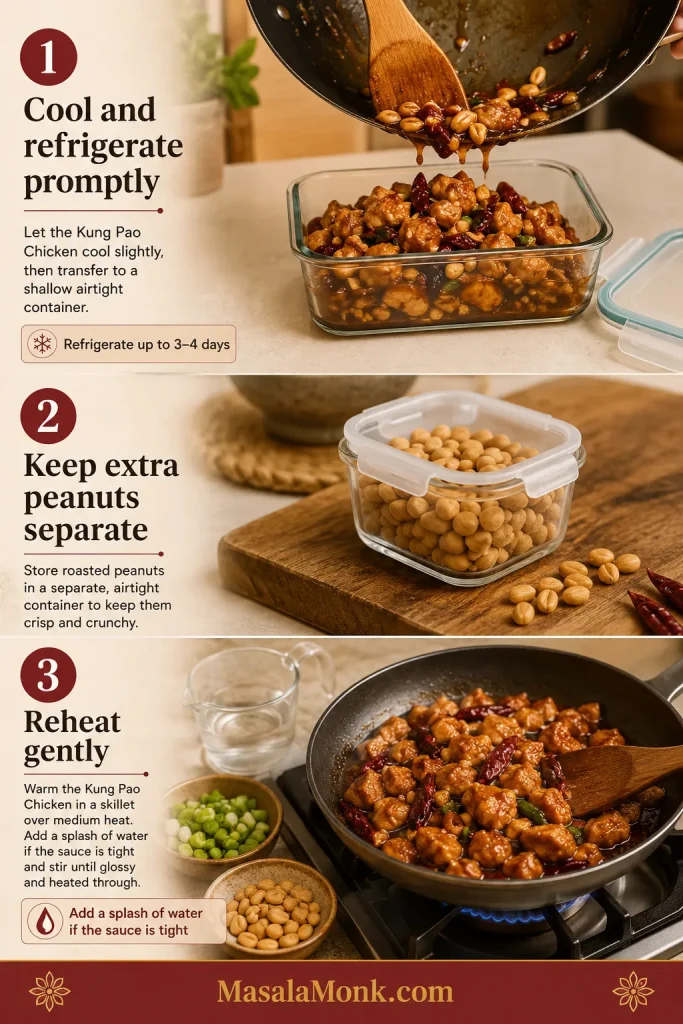 Three-step guide showing Kung Pao chicken stored in a glass container, peanuts kept separate and leftovers reheated in a skillet.