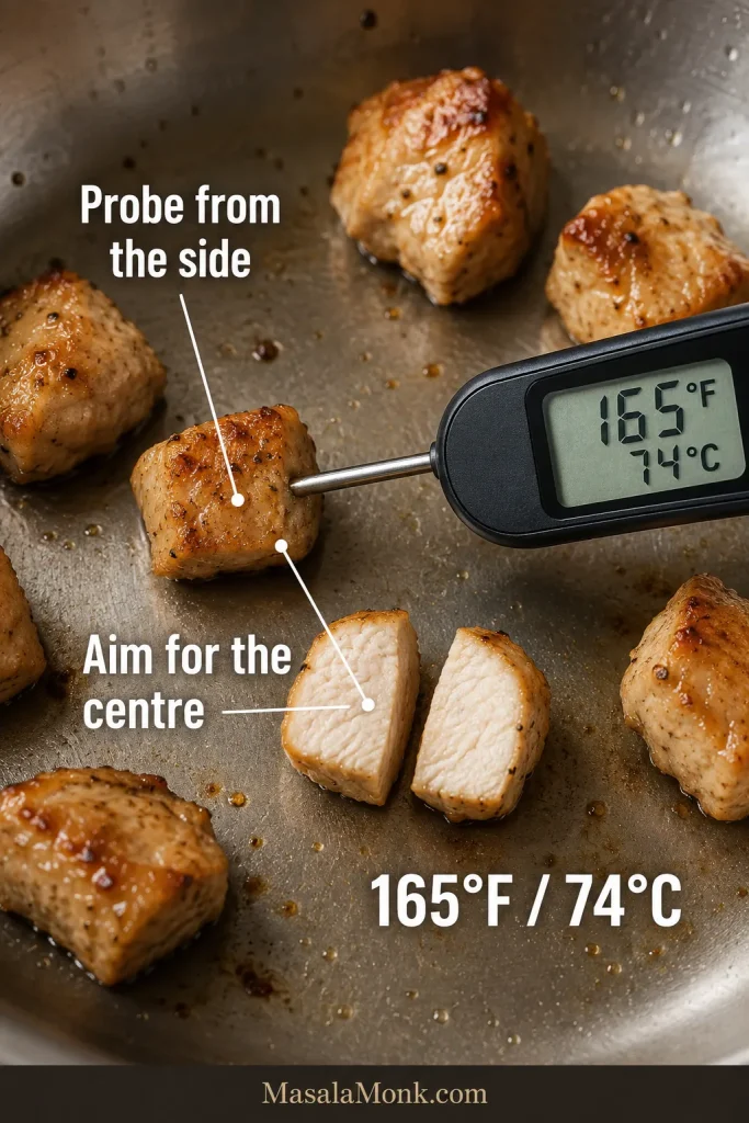 Small browned chicken piece checked from the side with a digital thermometer reading 165 degrees Fahrenheit and 74 degrees Celsius.