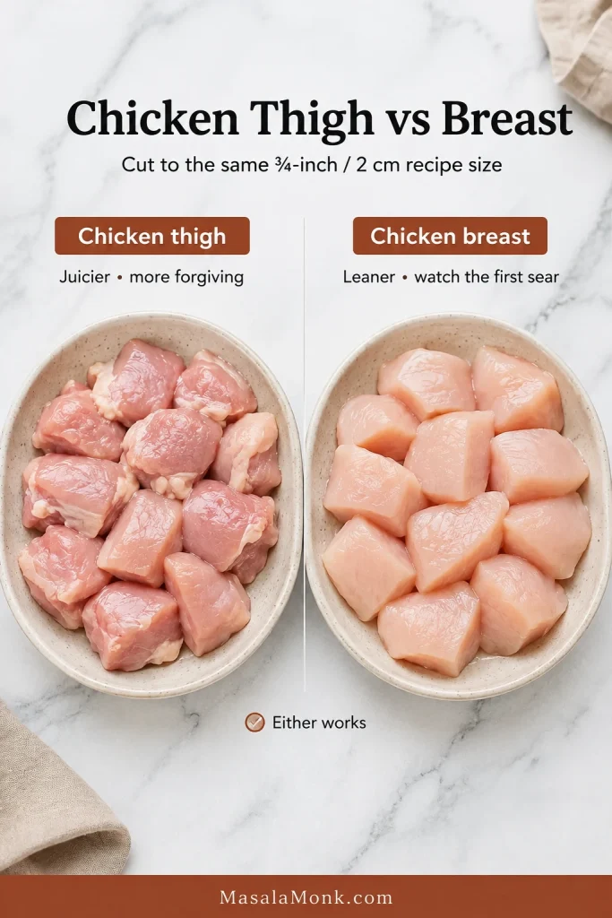 Equal portions of diced chicken thigh and chicken breast shown side by side for Kung Pao chicken.