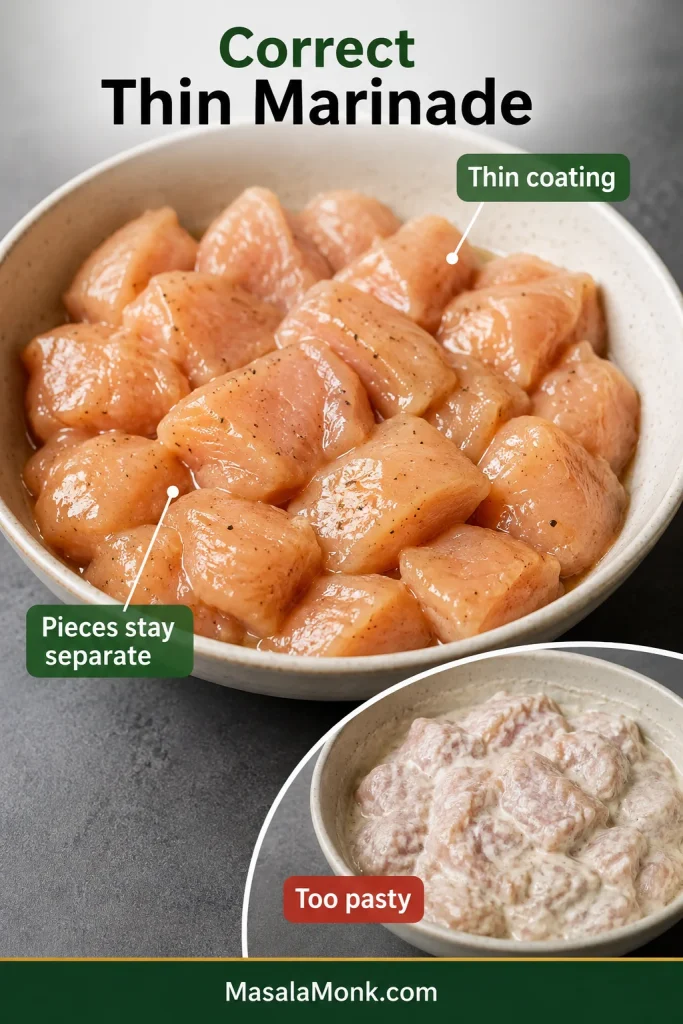 Kung Pao chicken pieces under a thin marinade compared with an overly thick, pasty coating.