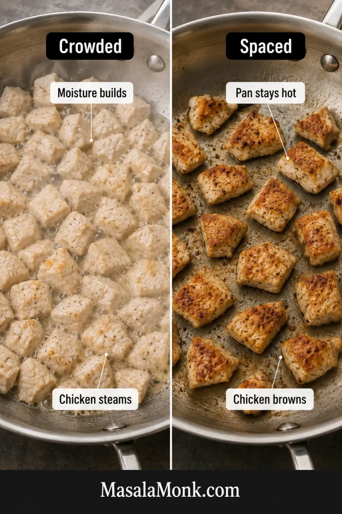 Crowded skillet with pale steaming chicken beside a spaced batch with browned chicken and visible gaps.